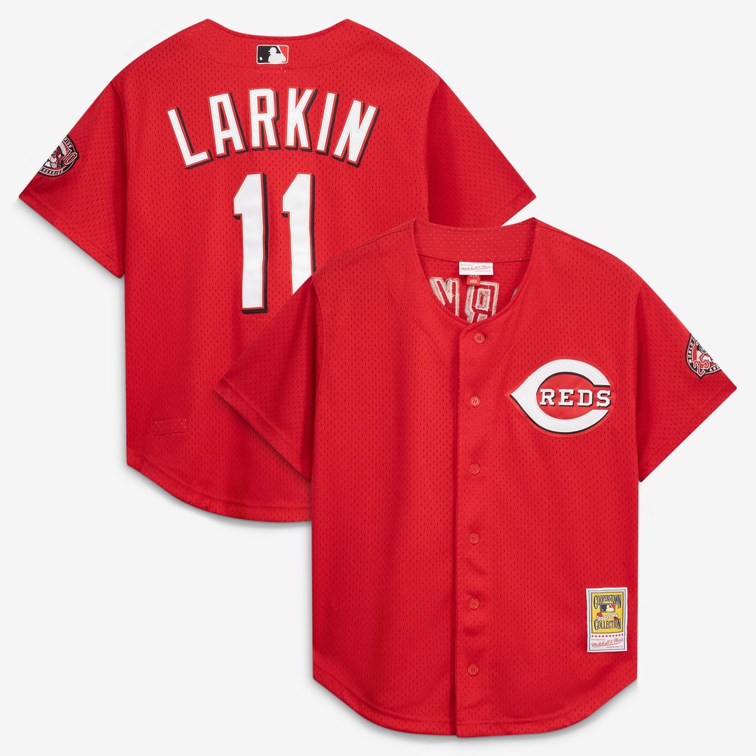 Cincinnati Reds Barry Larkin Mitchell & Ness Cooperstown Mesh Batting Practice Button - Up Jersey - Black