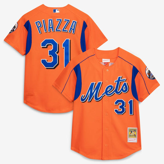 New York Mets Mike Piazza Mitchell & Ness Cooperstown Mesh Batting Practice Button - Up Jersey - Orange